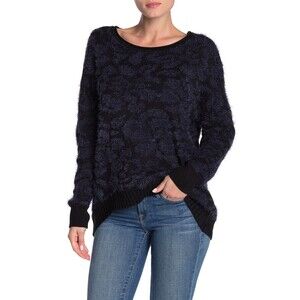 14th & Union women's Fuzzy Sweater long sleeve Jacquard Knit Hi Low Size S, Navy